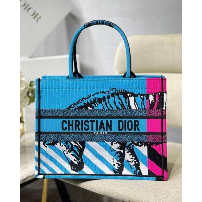 Dior Medium Book Tote Bag In Blue D-Jungle Pop Embroidery TDBS2919