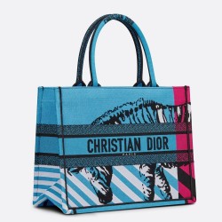 Dior Medium Book Tote Bag In Blue D-Jungle Pop Embroidery TDBS2919