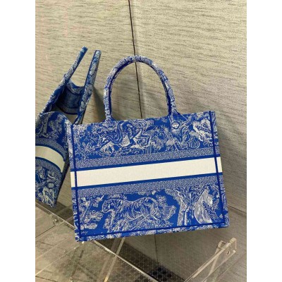 Dior Medium Book Tote Bag In Fluorescent Blue Toile de Jouy Reverse Embroidery TDBS2928