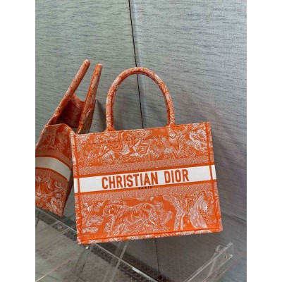 Dior Medium Book Tote Bag In Fluorescent Orange Toile de Jouy Reverse Embroidery TDBS2929