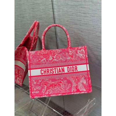 Dior Medium Book Tote Bag In Fluorescent Pink Toile de Jouy Reverse Embroidery TDBS2930