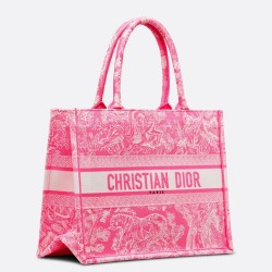 Dior Medium Book Tote Bag In Fluorescent Pink Toile de Jouy Reverse Embroidery TDBS2930