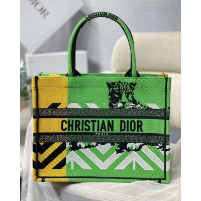 Dior Medium Book Tote Bag In Green D-Jungle Pop Embroidery TDBS2932