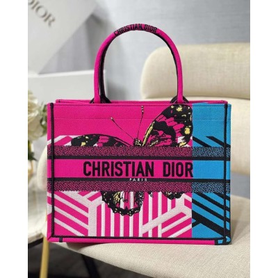 Dior Medium Book Tote Bag In Pink D-Jungle Pop Embroidery TDBS2937