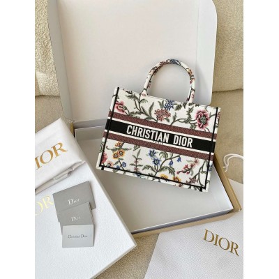 Dior Medium Book Tote Bag In White Dior Petites Fleurs Embroidery TDBS2942