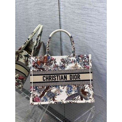 Dior Medium Book Tote Bag In White Jardin d'Hiver Embroidery TDBS2943