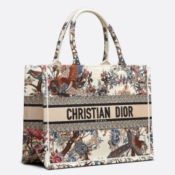 Dior Medium Book Tote Bag In White Jardin d'Hiver Embroidery TDBS2943