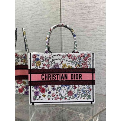 Dior Medium Book Tote Bag In White Multicolor Florilegio Embroidery TDBS2944