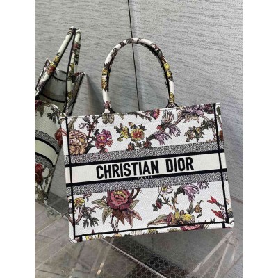 Dior Medium Book Tote Bag In White Multicolor Jardin Botanique Embroidery TDBS2945