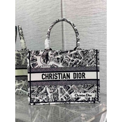 Dior Medium Book Tote Bag In White Plan de Paris Embroidery  TDBS2946