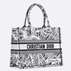 Dior Medium Book Tote Bag In White Plan de Paris Embroidery  TDBS2946