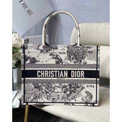 Dior Medium Book Tote Bag In White Toile de Jouy Zodiac Embroidery TDBS2951