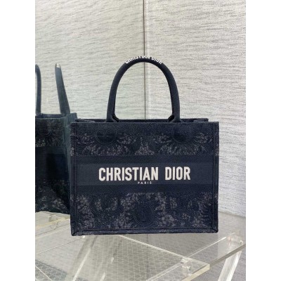 Dior Medium Book Tote Bag in Black Toile de Jouy Soleil Macramé Embroidery TDBS2916