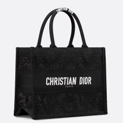 Dior Medium Book Tote Bag in Black Toile de Jouy Soleil Macramé Embroidery TDBS2916