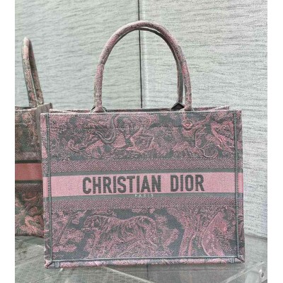 Dior Medium Book Tote Bag in Grey and Pink Toile de Jouy Reverse Embroidery TDBS2933