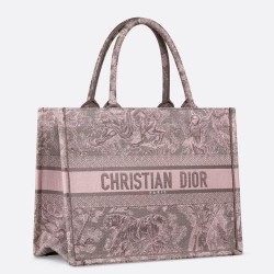 Dior Medium Book Tote Bag in Grey and Pink Toile de Jouy Reverse Embroidery TDBS2933