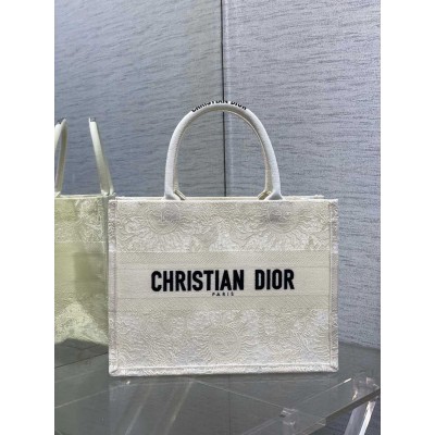 Dior Medium Book Tote Bag in White Toile de Jouy Soleil Macramé Embroidery TDBS2949