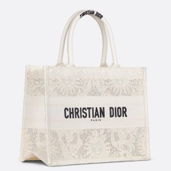 Dior Medium Book Tote Bag in White Toile de Jouy Soleil Macramé Embroidery TDBS2949