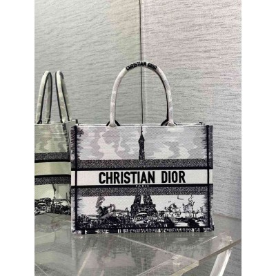 Dior Medium Book Tote Bag in White and Black Paris Embroidery TDBS2941