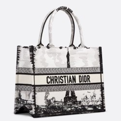 Dior Medium Book Tote Bag in White and Black Paris Embroidery TDBS2941