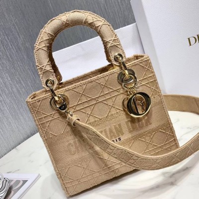 Dior Medium Lady D-Lite Bag In Beige Embroidered Canvas TDBS25124