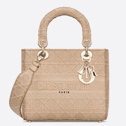 Dior Medium Lady D-Lite Bag In Beige Embroidered Canvas TDBS25124