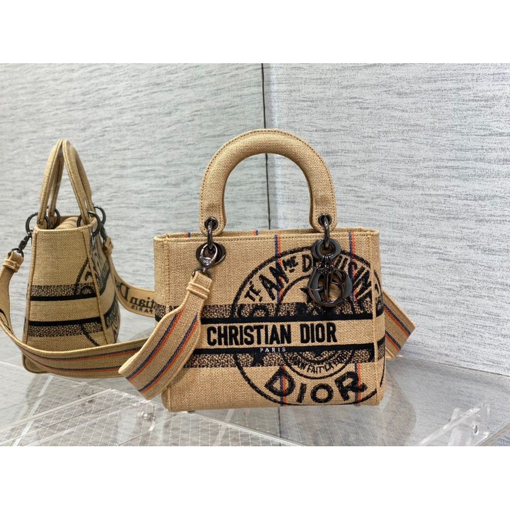 Dior Medium Lady D-Lite Bag In Beige Jute Canvas with Dior Union Motif TDBS25126