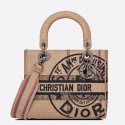 Dior Medium Lady D-Lite Bag In Beige Jute Canvas with Dior Union Motif TDBS25126