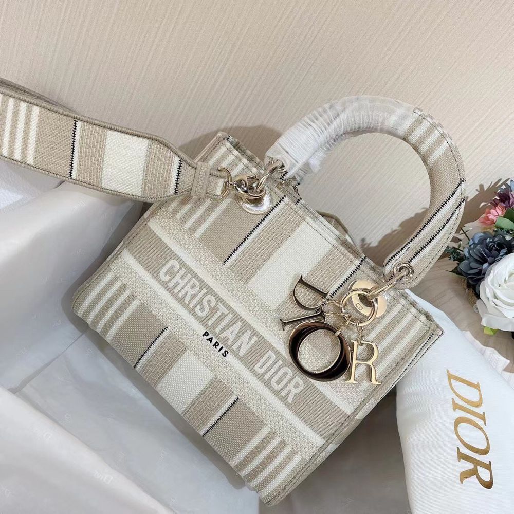 Dior Medium Lady D-Lite Bag In Beige Stripes Embroidery TDBS25128