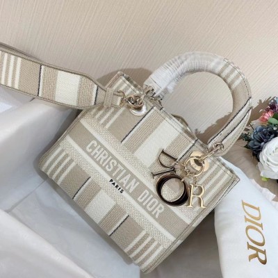 Dior Medium Lady D-Lite Bag In Beige Stripes Embroidery TDBS25128