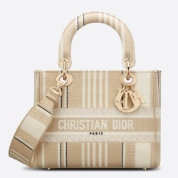 Dior Medium Lady D-Lite Bag In Beige Stripes Embroidery TDBS25128