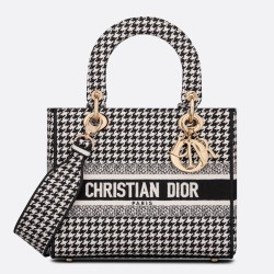 Dior Medium Lady D-Lite Bag In Black Houndstooth Embroidery TDBS25130