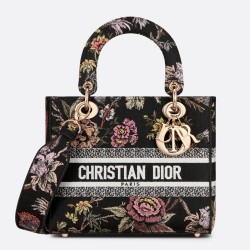 Dior Medium Lady D-Lite Bag In Black Jardin Botanique Embroidery TDBS25131