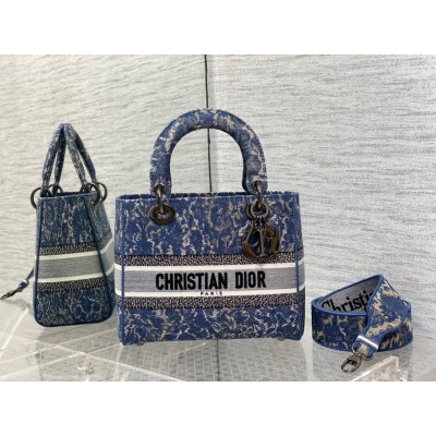 Dior Medium Lady D-Lite Bag In Blue Brocart Denim-Effect Embroidery TDBS25133