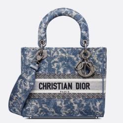 Dior Medium Lady D-Lite Bag In Blue Brocart Denim-Effect Embroidery TDBS25133