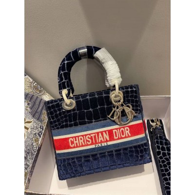 Dior Medium Lady D-Lite Bag In Blue Crocodile Embroidered Velvet TDBS25134