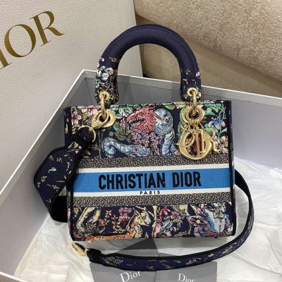 Dior Medium Lady D-Lite Bag In Blue D-Constellation Embroidery TDBS25135