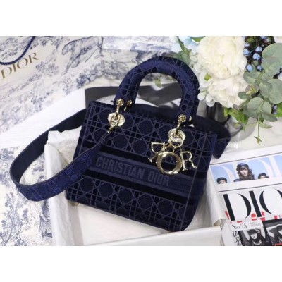 Dior Medium Lady D-Lite Bag In Blue Embroidered Velvet TDBS25138