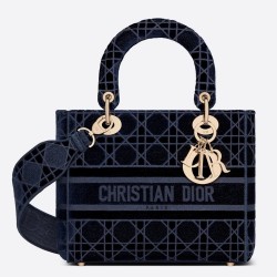 Dior Medium Lady D-Lite Bag In Blue Embroidered Velvet TDBS25138