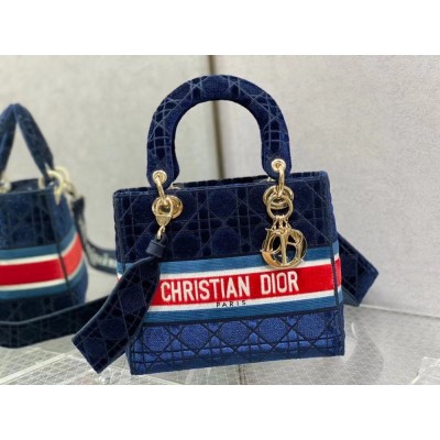 Dior Medium Lady D-Lite Bag In Blue Velvet Embroidery TDBS25142