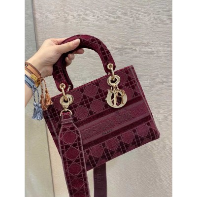 Dior Medium Lady D-Lite Bag In Bordeaux Embroidered Velvet TDBS25143