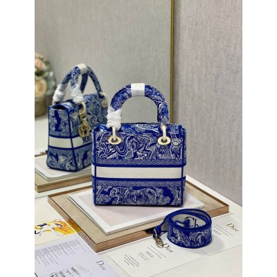 Dior Medium Lady D-Lite Bag In Fluorescent Blue Toile de Jouy Reverse Embroidery TDBS25146