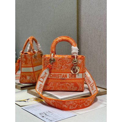 Dior Medium Lady D-Lite Bag In Fluorescent Orange Toile de Jouy Reverse Embroidery TDBS25147