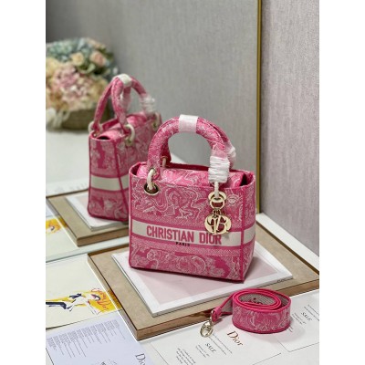 Dior Medium Lady D-Lite Bag In Fluorescent Pink Toile de Jouy Reverse Embroidery TDBS25148