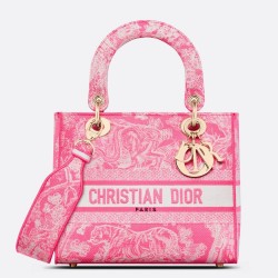 Dior Medium Lady D-Lite Bag In Fluorescent Pink Toile de Jouy Reverse Embroidery TDBS25148