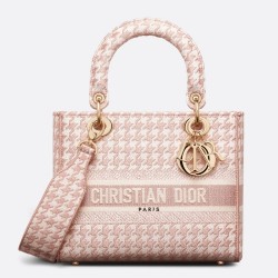 Dior Medium Lady D-Lite Bag In Pink Houndstooth Embroidery TDBS25159