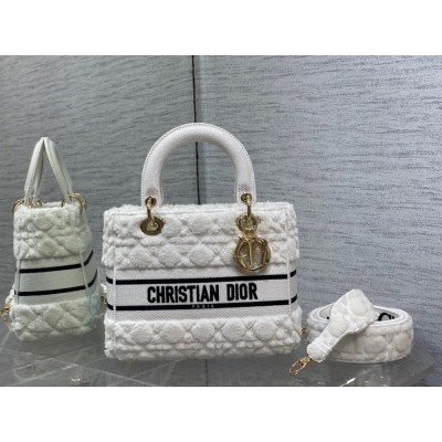 Dior Medium Lady D-Lite Bag In White Cannage Shearling TDBS25161