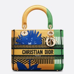 Dior Medium Lady D-Lite Bag In Yellow and Green D-Flower Pop Embroidery TDBS25166