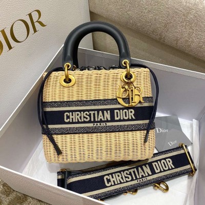 Dior Medium Lady Dior Bag In Wicker and Blue Oblique Jacquard TDBS25261