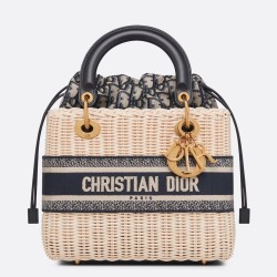 Dior Medium Lady Dior Bag In Wicker and Blue Oblique Jacquard TDBS25261